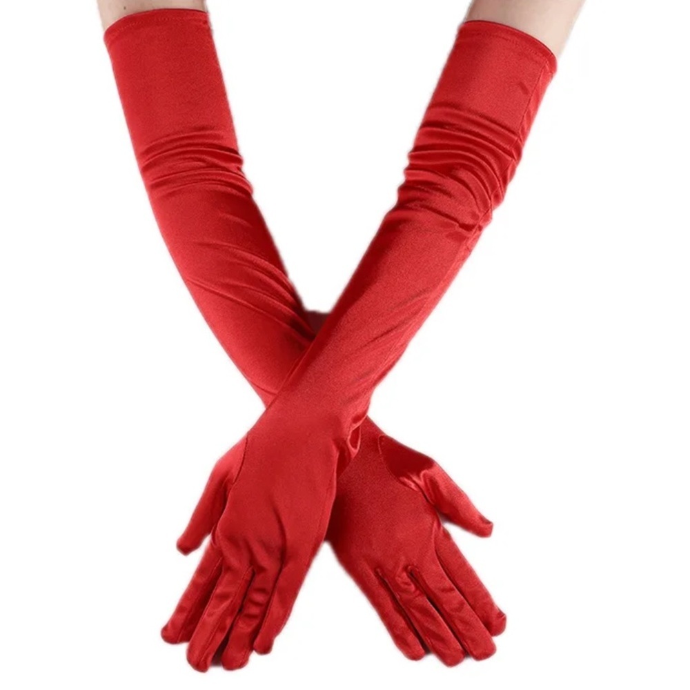Cherry red long nylon satin Opera formal gloves one size fits most NEW